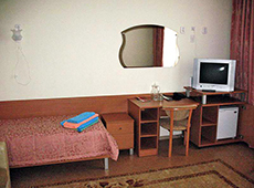 В гостиной комнате стоит мягкий уголок, журнальный столик с телевизором, холодильник.