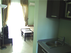  Первый уровень двухуровневого апартамента с мини-кухней и мягкой мебелью